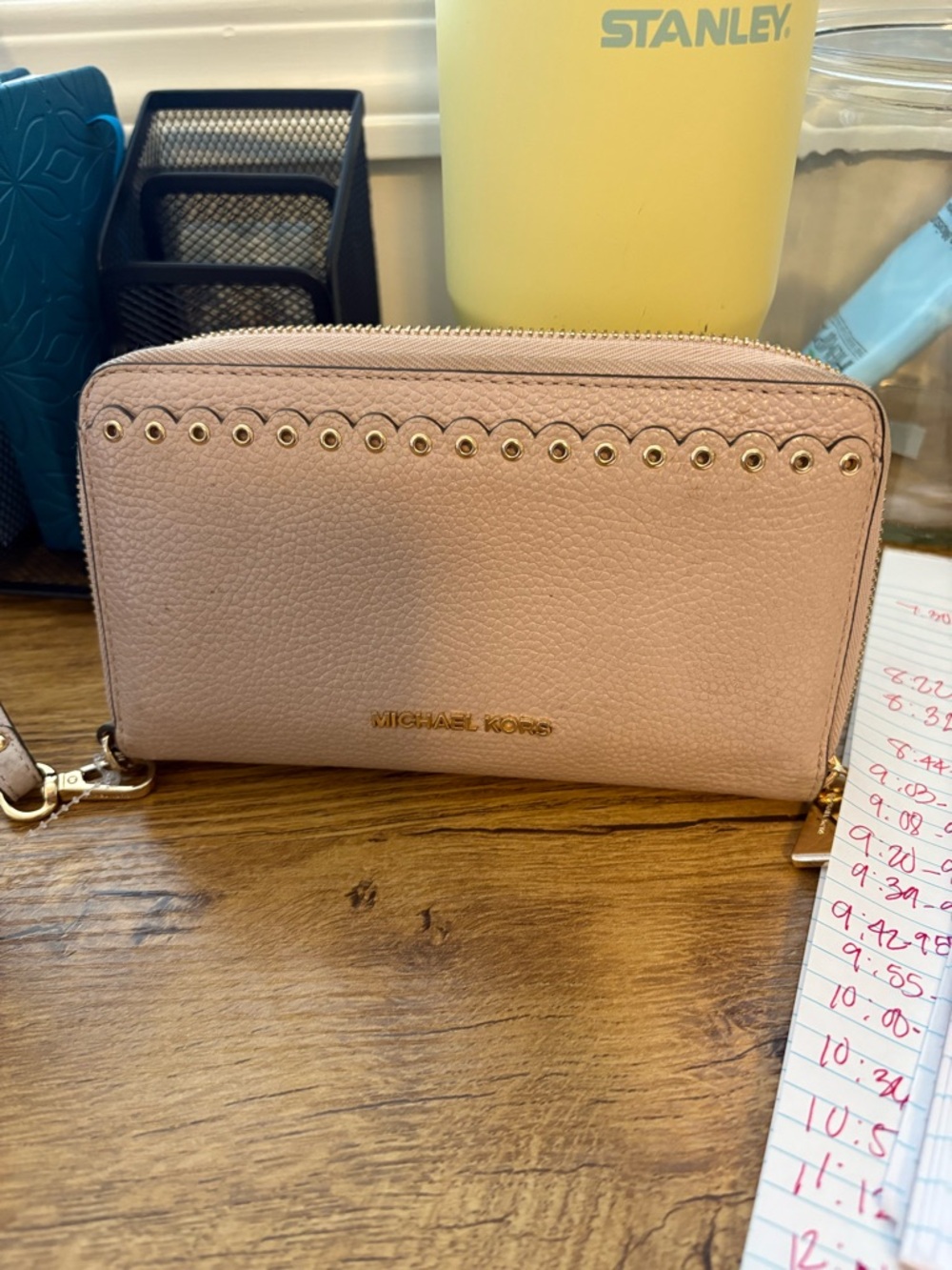 Michael Kors Blush Pebbled Leather Wristlet Wallet with Gold Grommets